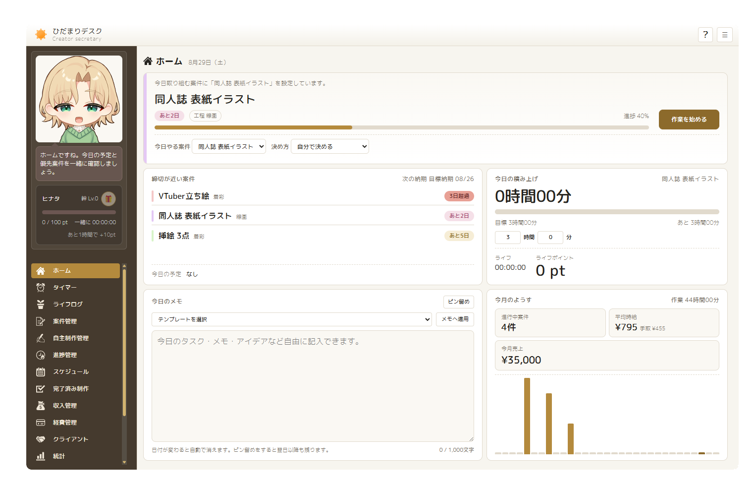 ひだまりデスクのホーム画面。左に秘書、右に案件・制作時間・収支のカードが並んでいる